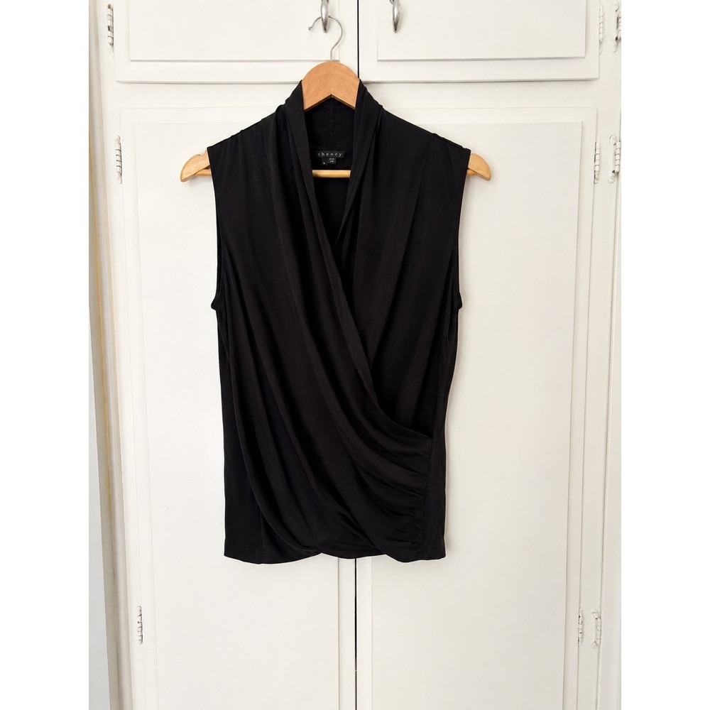 Theory Black Silk Sleeveless Wrap Front Draped Blouse Top Small